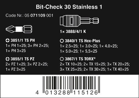 BITSSETT 1/4" 30 STAINLESS 1 - 30 DELER PH, PZ, TX, UNBRAKO - Wera 