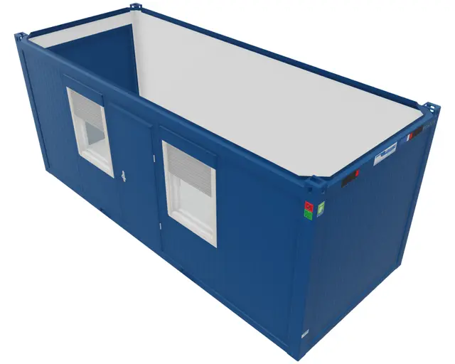 ÅPEN MODUL- 20 FOT, ÅPNING, DØR, 2 VINDU Isolert Ral 5010 Blå. Container 