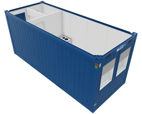 SANITÆR MODUL 20 FOT RAL5010 BLÅ 2 VINDU Isolert / Dør, WC, Kjøkken. Container