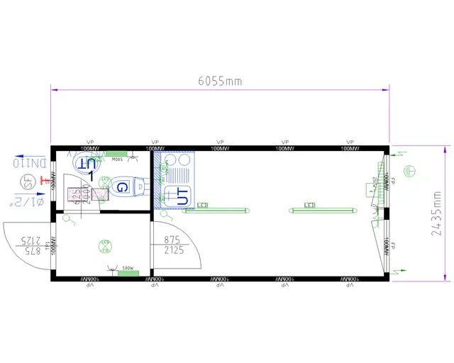 SANITÆR MODUL 20 FOT RAL5010 BLÅ 2 VINDU Isolert / Dør, WC, Kjøkken. Container 