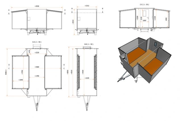 MOBILE FLEXMODULE TRAILER EXT. DEFENCE 3 in 1 solution, 3500 kg, 28m2 