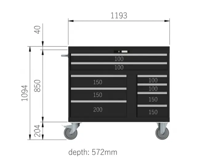 VERKTØYVOGN 9 SKUFFER 64X27E M/ HJUL 1193x572x1094mm NCS S 6502-B, Lista 