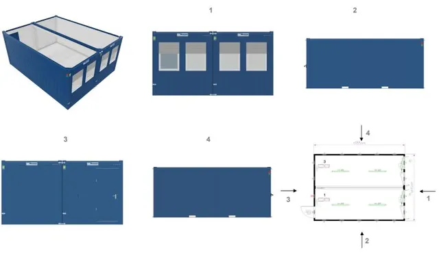 ÅPEN DOBBEL MODUL - 20 FOT, DØR,4 VINDU Isolert Ral 5010 Blå, 2 stk moduler 
