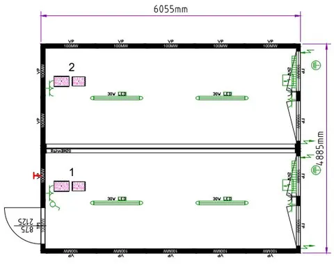 ÅPEN DOBBEL MODUL - 20 FOT, DØR,4 VINDU Isolert Ral 5010 Blå, 2 stk moduler 