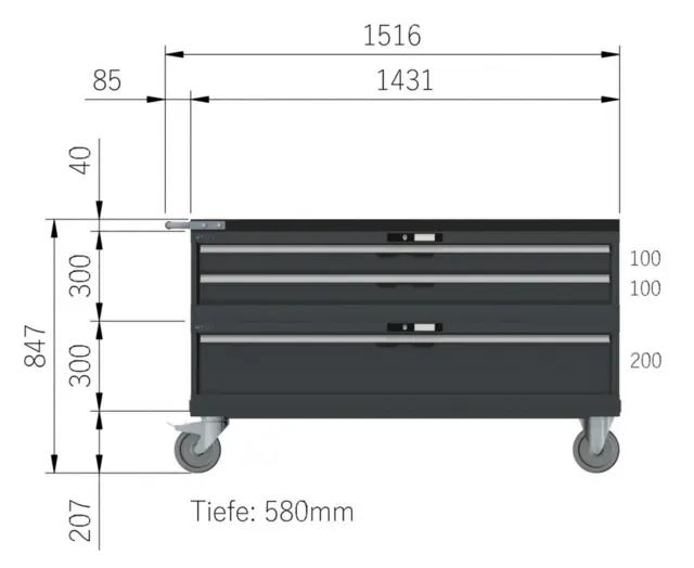 VERKTØYVOGN 3 SKUFFER 78X27E M/ HJUL 1435x572x805mm NCS S 6502-B, 2 mod Lista 