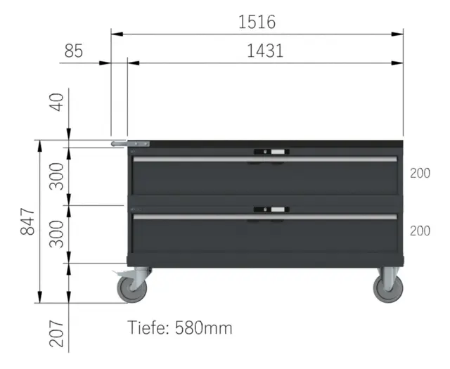 VERKTØYVOGN 2 SKUFFER 78X27E M/ HJUL 1435x572x805mm NCS S 6502-B, 2 mod Lista 