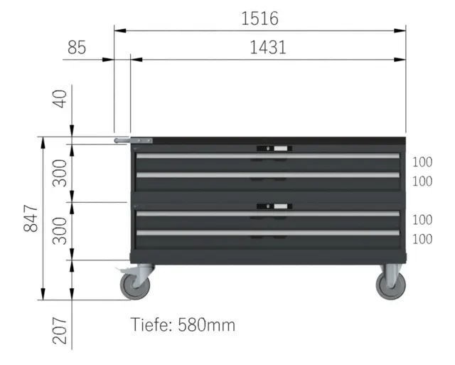 VERKTØYVOGN 4 SKUFFER 78X27E M/ HJUL 1435x572x805mm NCS S 6502-B, 2 mod Lista 