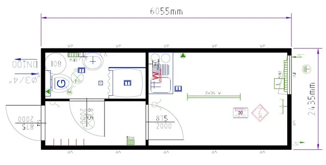 BOLIGMODUL 20 FOT RAL5010 BLÅ 1 VINDU Isolert / Dør, Bad, gang, rom 