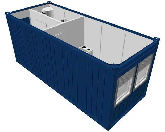 BOLIGMODUL 20 FOT RAL5010 BLÅ 2 VINDU Isolert / Dør, Bad, Kjøkken. Container 