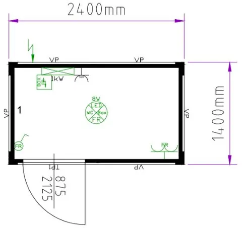MODULBOKS 8 FOT ISOLERT GRØNN CONTAINER Lys- varme, 2400x1400x2540mm 