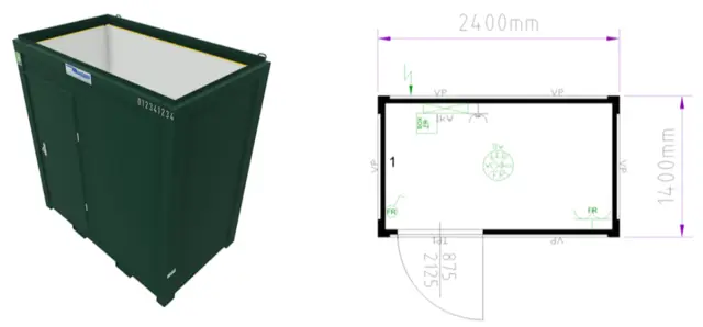 MODULBOKS 8 FOT ISOLERT GRØNN CONTAINER Lys- varme, 2400x1400x2540mm 