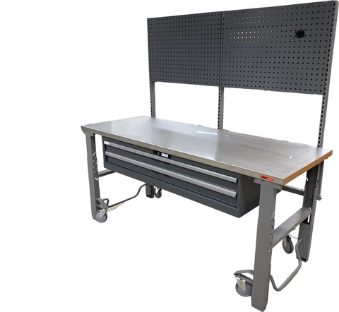 ARBEIDSBORD 2000X800X42 RUSTFRI TOPP Hjul, 2 store skuffer, 180mm skrustikke